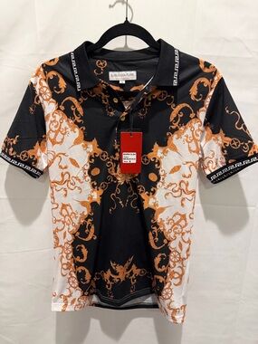 SUSLO COUTURE Men’s Black & White Baroque Polo with Gold Print